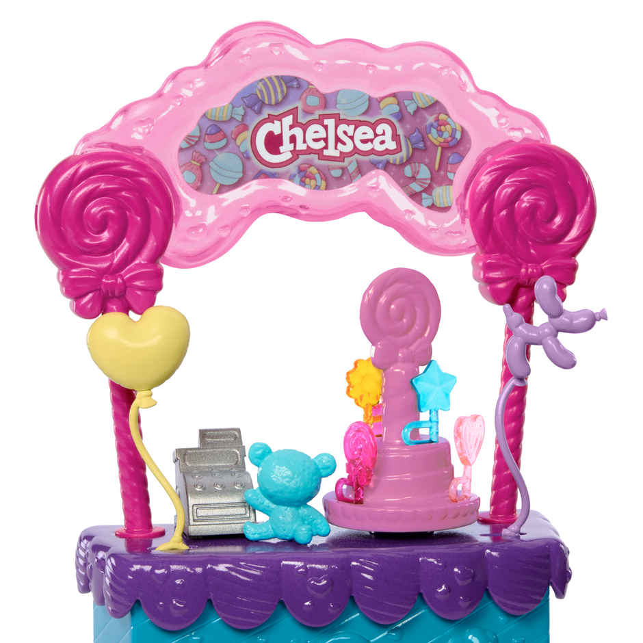 Barbie Chelsea Doll & Lollipop stand Playset with Accessories | 10 piece Toy Set from Barbie Movie