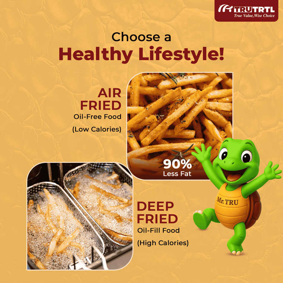truTRTL Manual Air Fryer for Home | Actual 4.5 Liter | 1400 Watt | 1 Year Warranty | Uses 90% less Oil | Time & Temp Control Knobs | Glossy Black