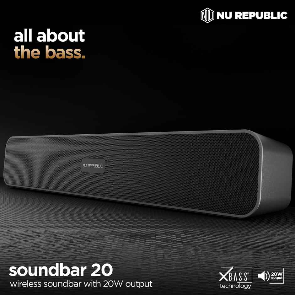 Nu Republic Soundbar 20 Bluetooth Soundbar with X-Bass Technology, 52mm Dynamic Drivers, Upto 12 Hrs Playtime, 20 W Output, Aux/USB Port, 5.0 Channel - Black