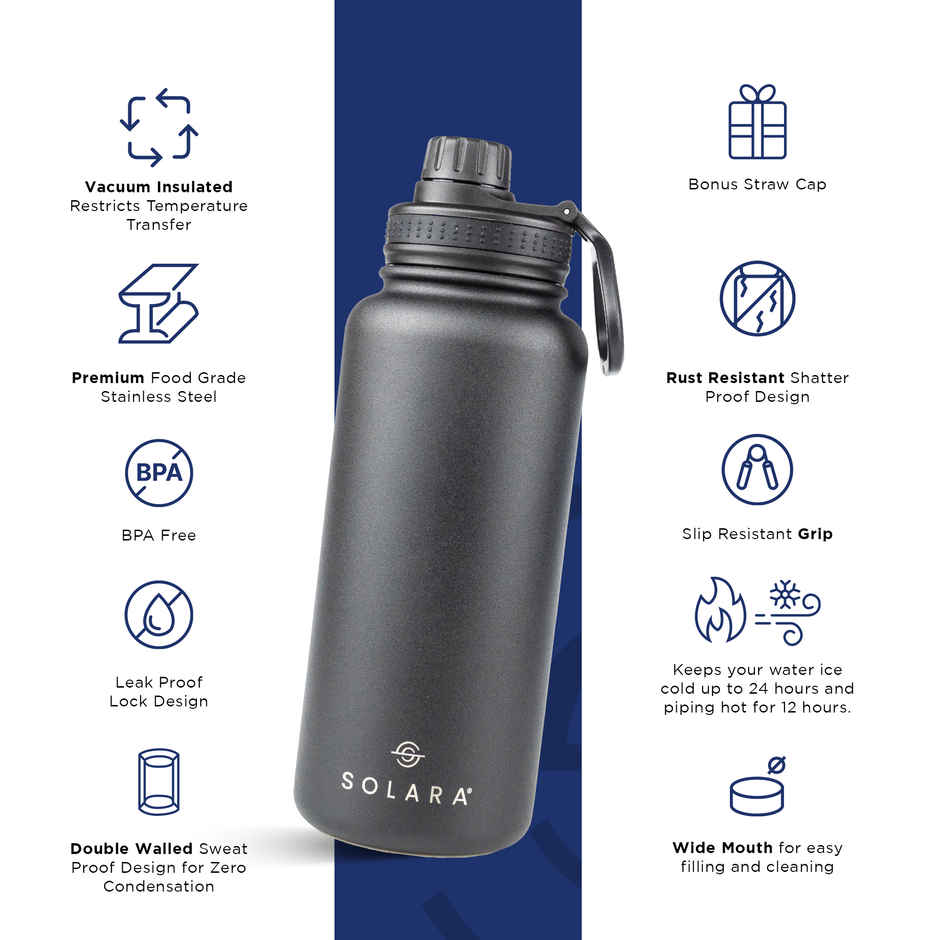 Solara Stainless Steel Insulated Water Bottle for Travel, Office, School, Gym | Black | 1 L