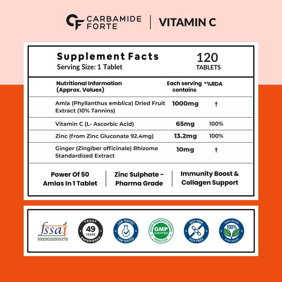 Carbamide Forte Natural Vitamin C Supplements Amla Extract With Zinc For Immunity & Skincare 120 tab