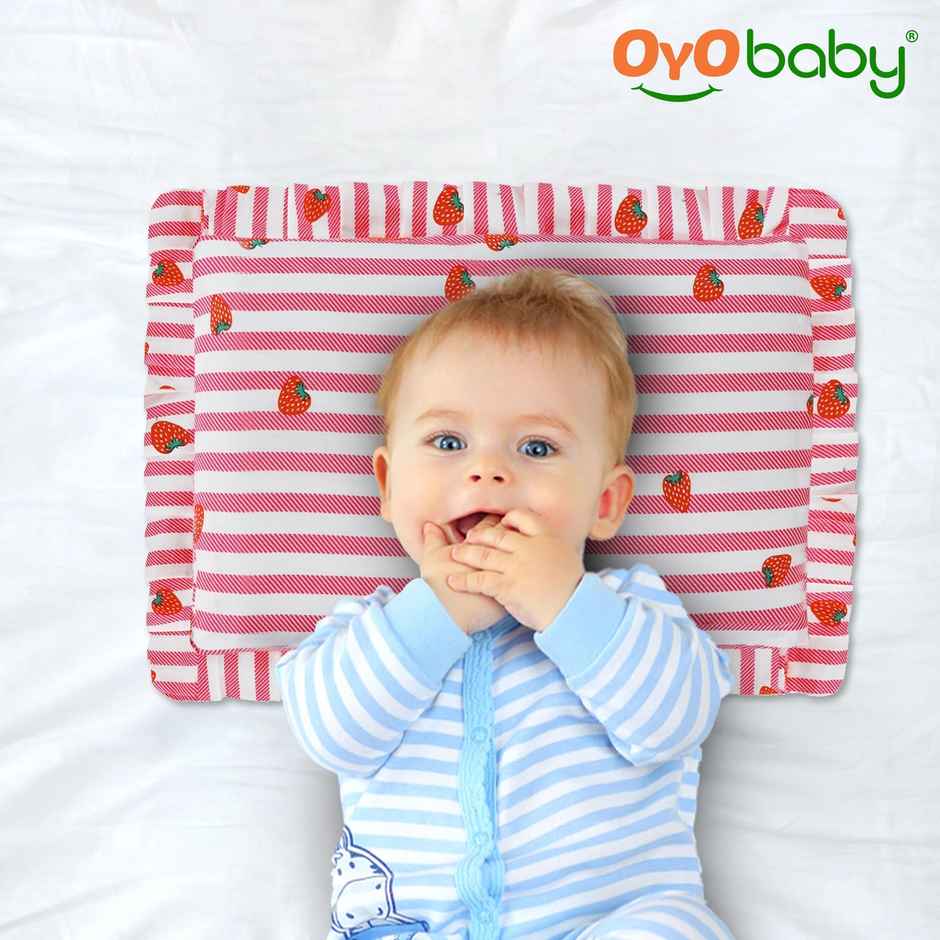 Oyo Baby Rai Mustard Seeds Pillow, Head Shaping Baby Pillow 0-12 Months, Strawberry Print, Pink