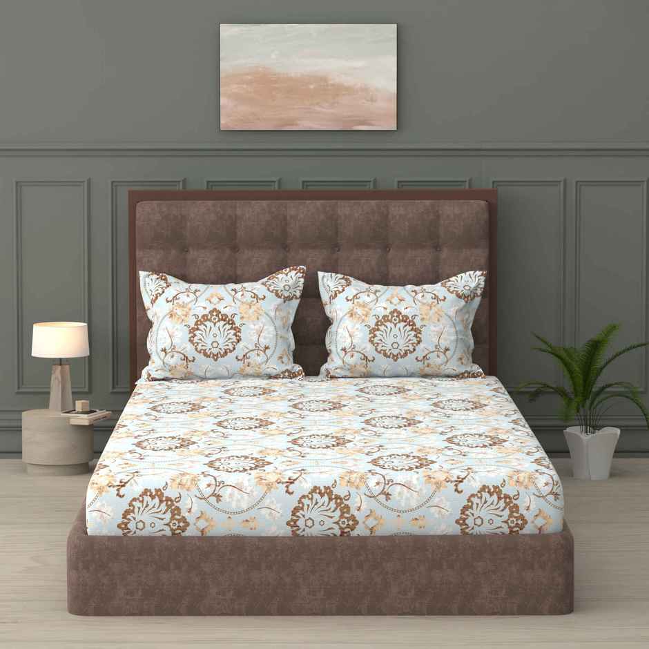 Raymond Home Light Blue Floral Comforter 110 TC Double Bedsheet with 2 Pillow Cover Bedding Set