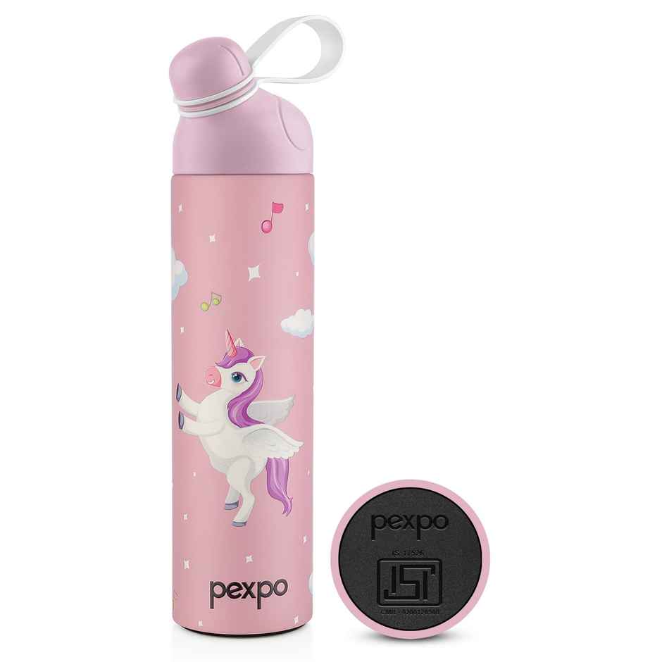 Pexpo Stainless Steel Pico Cute Sipper Hot & Cold Water Bottle | Unicorn UV Printed | Pink | 500 ml