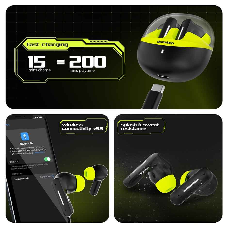 Dubstep Buzz X8 with 56 Hrs Playtime ENC TWS Earbuds | Neon Green