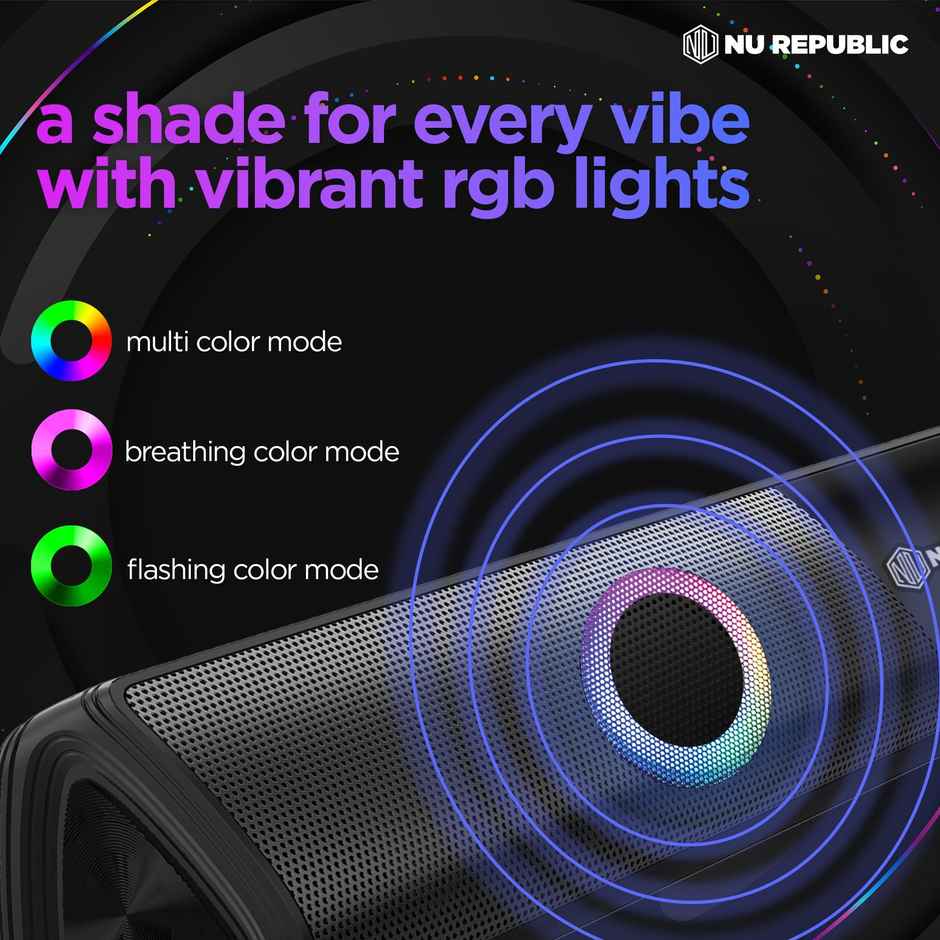 Nu Republic Party Box 20 Bluetooth Soundbar with X-Bass Technology, 52mm Dynamic Drivers, Upto 16 Hrs Playtime, Multiple RGB LED Lights, 20 W Output (Black, 2.0 Channel) - Black