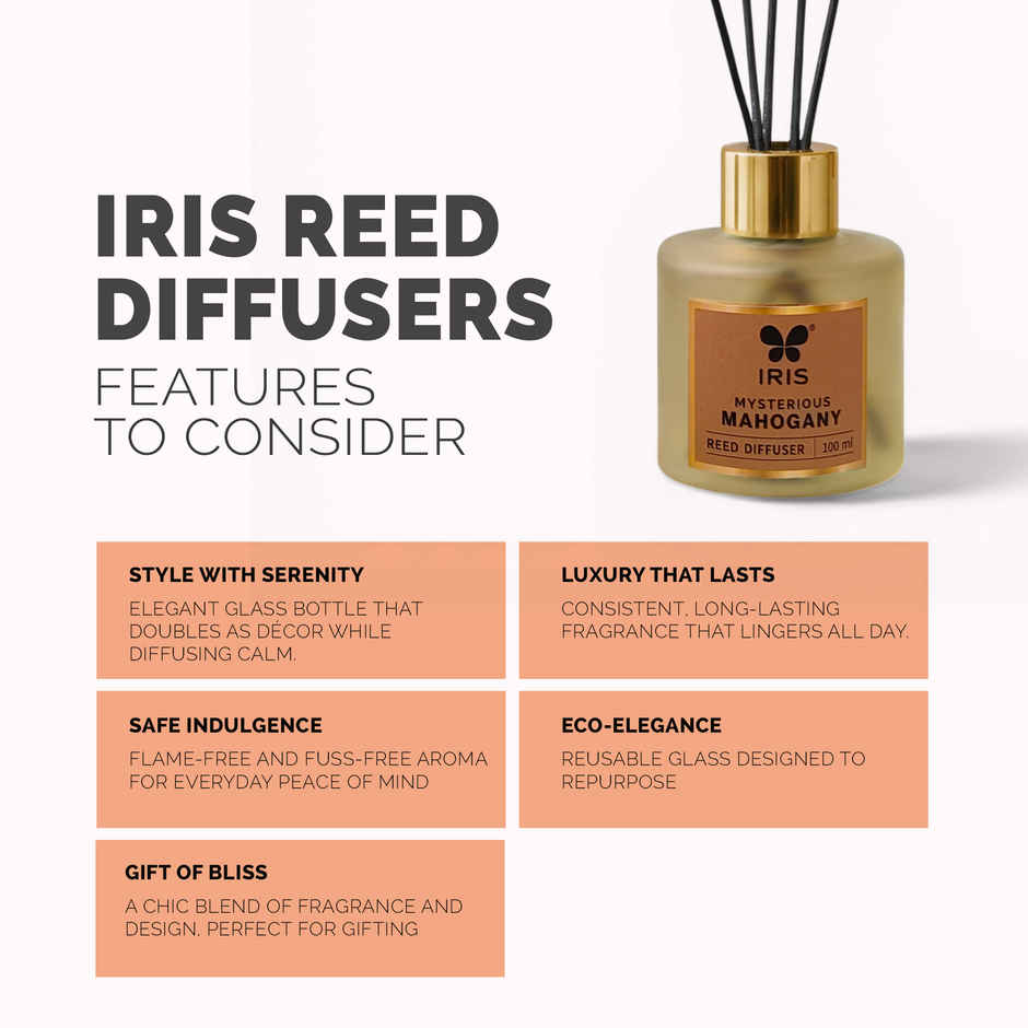 IRIS Mysterious Mahagony Frosted Glass Reed Diffuser Set | Oil and 5 Fibre Reed sticks