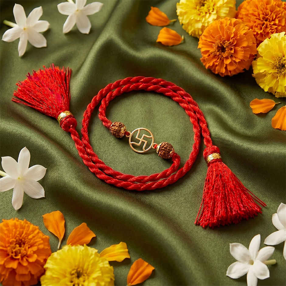 Swastik Rudraksh Beaded Gold Plated 925 Pure Silver Rakhi for Brother | Pack of 1 | Zavya