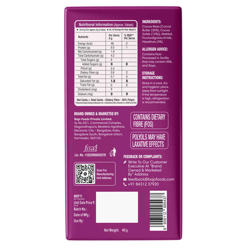 Lo Foods Hazelnut Sugar Free Dark Chocolate Bar | Premium Cocoa Butter Healthy Chocolate