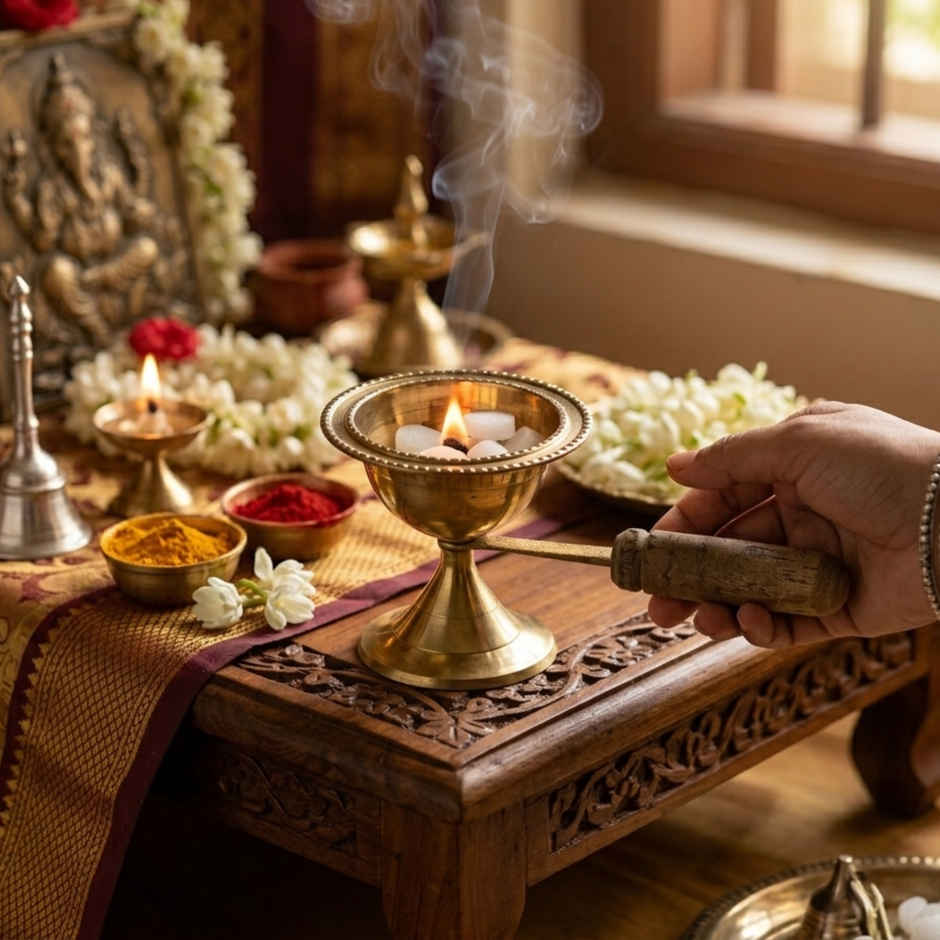 Brass with wodden Handle Dhoop Dani | Mangal Bhawan