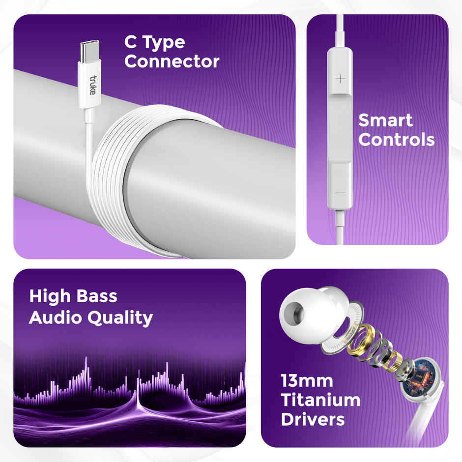 Truke Bass 1 In Ear Wired Earphones With Type C Jack, 13mm Drivers, Smart Controls (White)