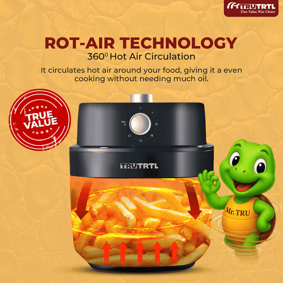 truTRTL Manual Air Fryer for Home | Actual 4.5 Liter | 1400 Watt | 1 Year Warranty | Uses 90% less Oil | Time & Temp Control Knobs | Glossy Black