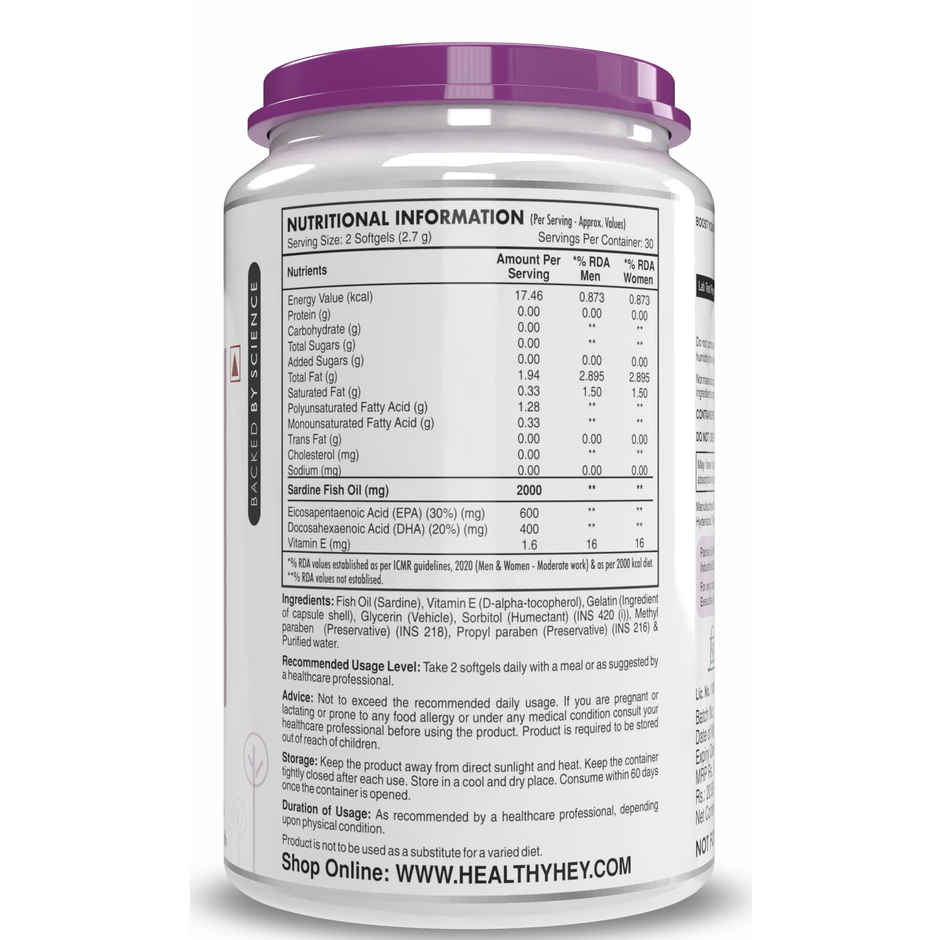 HealthyHey Nutrition Fish Oil Capsule Omega 3 Softgel For Women and Men | Burpless | EPA 600-DHA 400