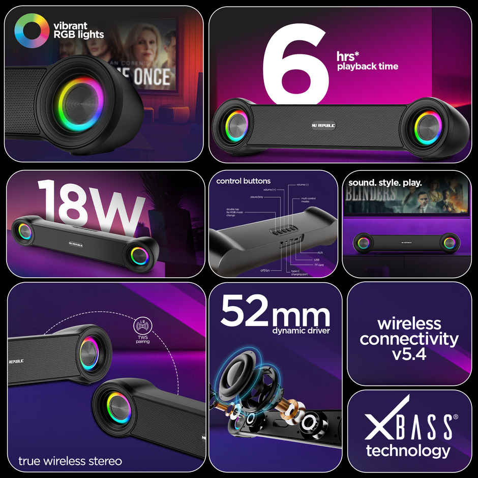 Nu Republic Partybox 180 With 18W Output Upto 6 Hrs Playtime, Bluetooth Soundbar Black