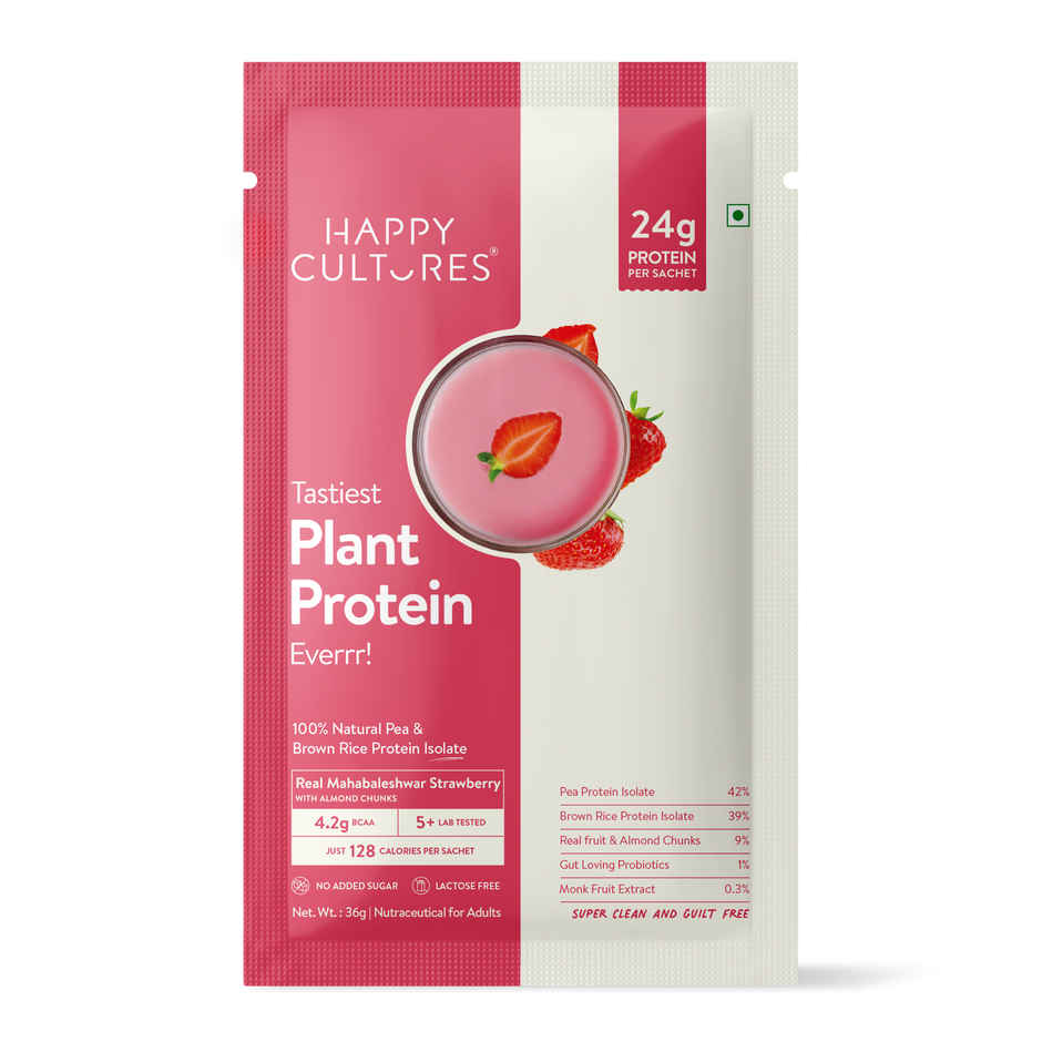 Happy Cultures 24g Plant Protein | Real Strawberry with Almond| Pea & Brown Rice Protein Isolate