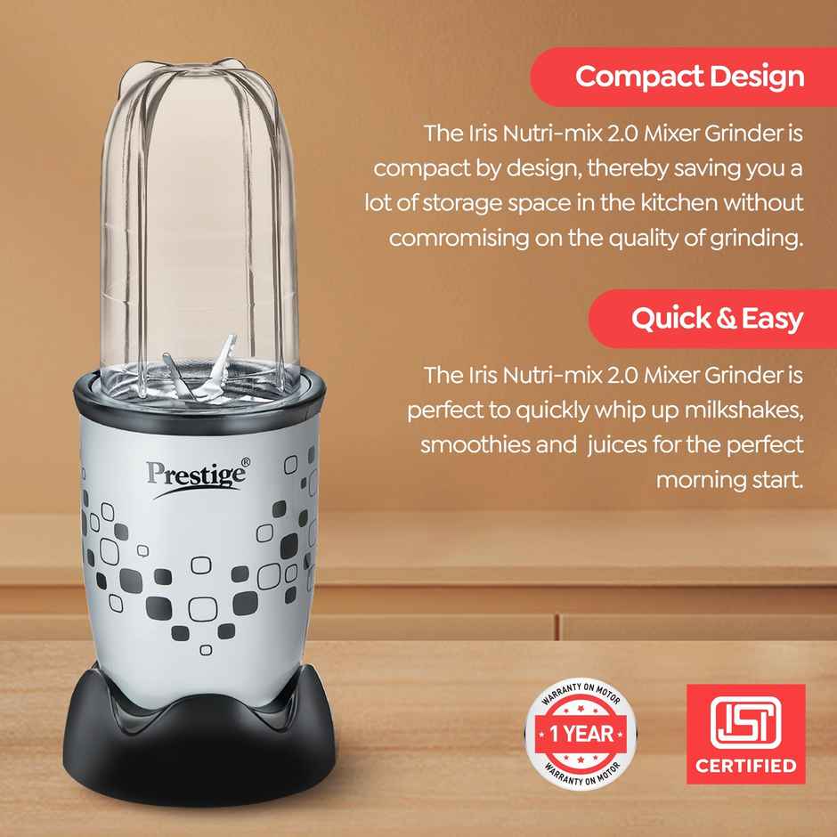 Prestige Nutri-Mix 2.0 Mixer Grinder, 350W, Dual Safety Inter-Lock System, 1Y Warranty, Black & Grey