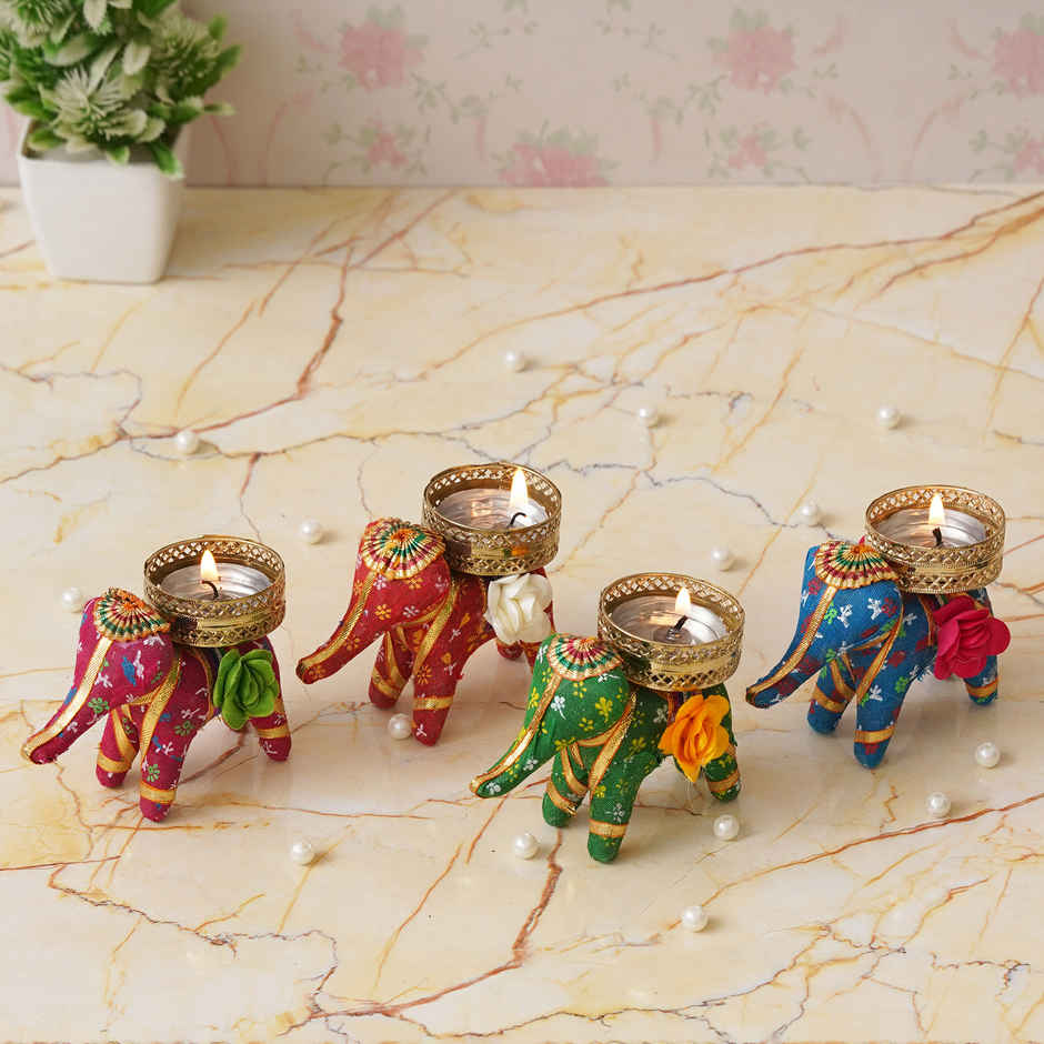 eCraftIndia Set of 4 Multicolor Elephant Shaped Tea Light Candle Holders
