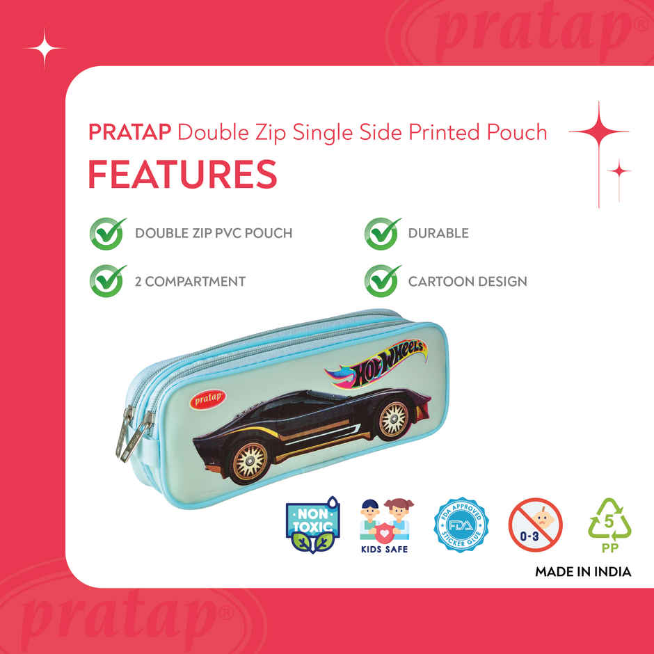PRATAP Double Zip Pvc Single Side Printed Pouch | Blue, Hot Wheels
