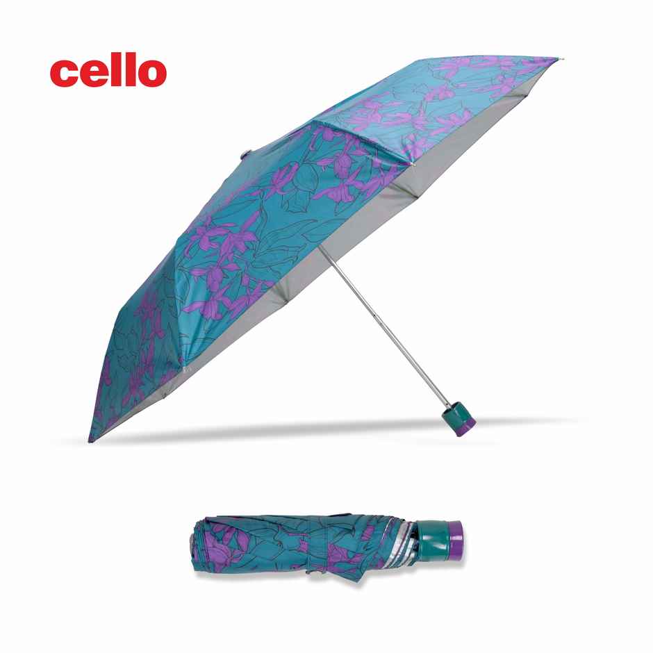 Cello Drizzle 21.5 Inch 3 fold Mix Print Silver Umbrella | Teal Green