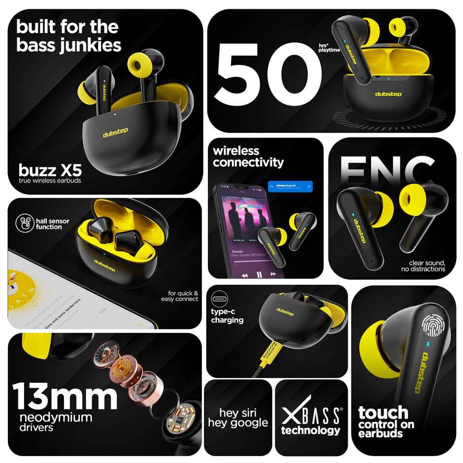 Dubstep Buzz X5 in-Ear TWS Earbuds with Upto 50 hrs Playtime, 13mm Dynamic Drivers, X-Bass Technology, ENC, Bluetooth V5.3 Earphones, Type-C Fast Charging - Black & Yellow