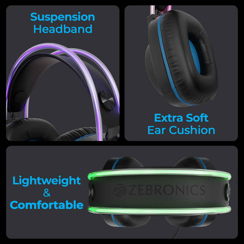 Zebronics Jet PRO Premium Wired Gaming On Ear Headphone with LED for Headband + earcups, 40mm Neodymium Drivers, 2 Meter Braided Cable, with mic, Suspension Design, 3.5mm + USB Connector - Black, Blue