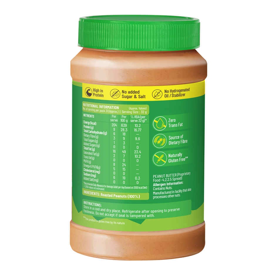 DiSano Natural Peanut Butter - Creamy, Unsweetened, 28.3% Protein, No Added Sugar,Pure Peanut