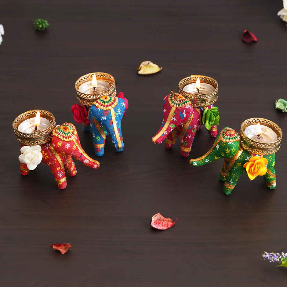 eCraftIndia Set of 4 Multicolor Elephant Shaped Tea Light Candle Holders