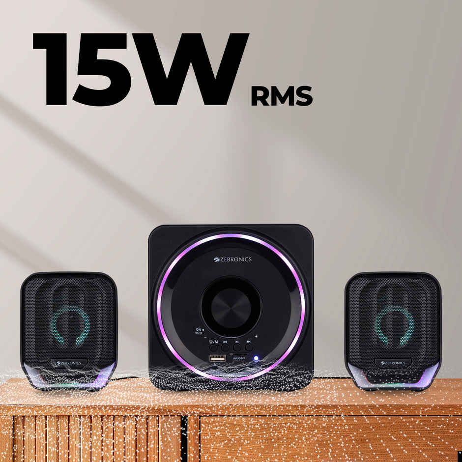 Zebronics Pluto 2, 2.1 Channel Speaker, 15W Output, BT 5.0, USB, mSD, FM, 3.5mm Jack Input, RGB - Black