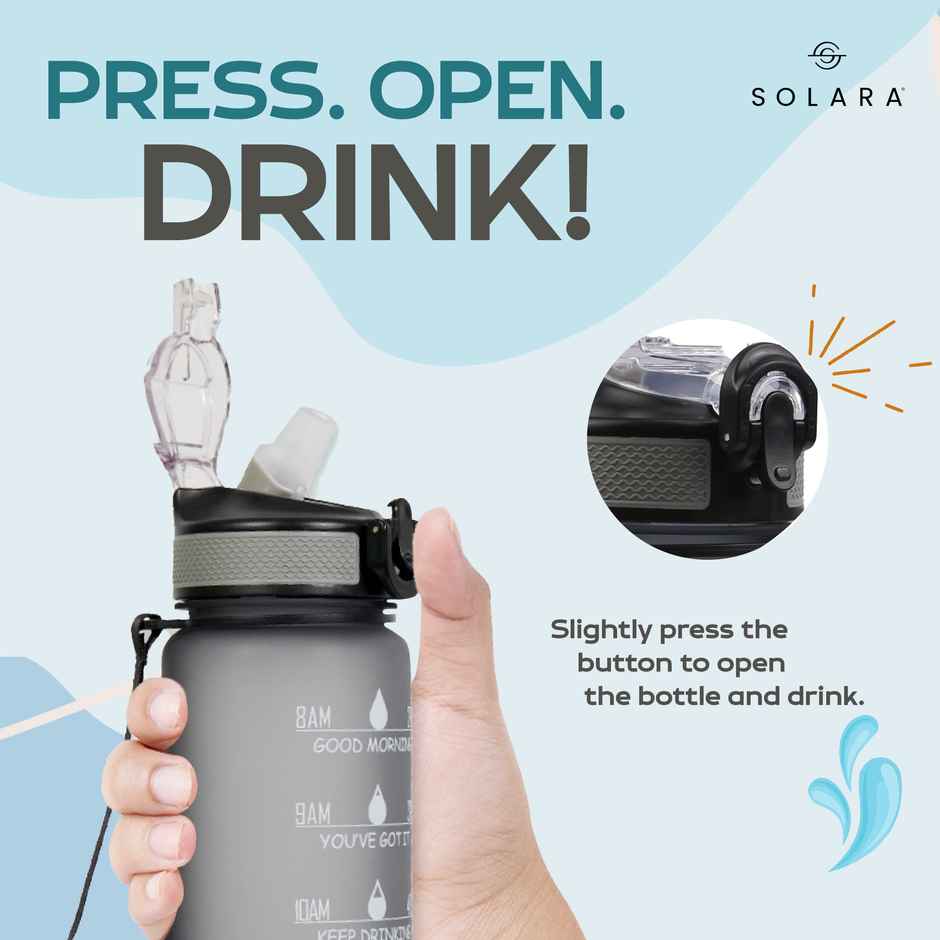 Solara Plastic Water Bottle with Motivational Time Markings, 100% BPA Free | Mysterious Grey | 1 L