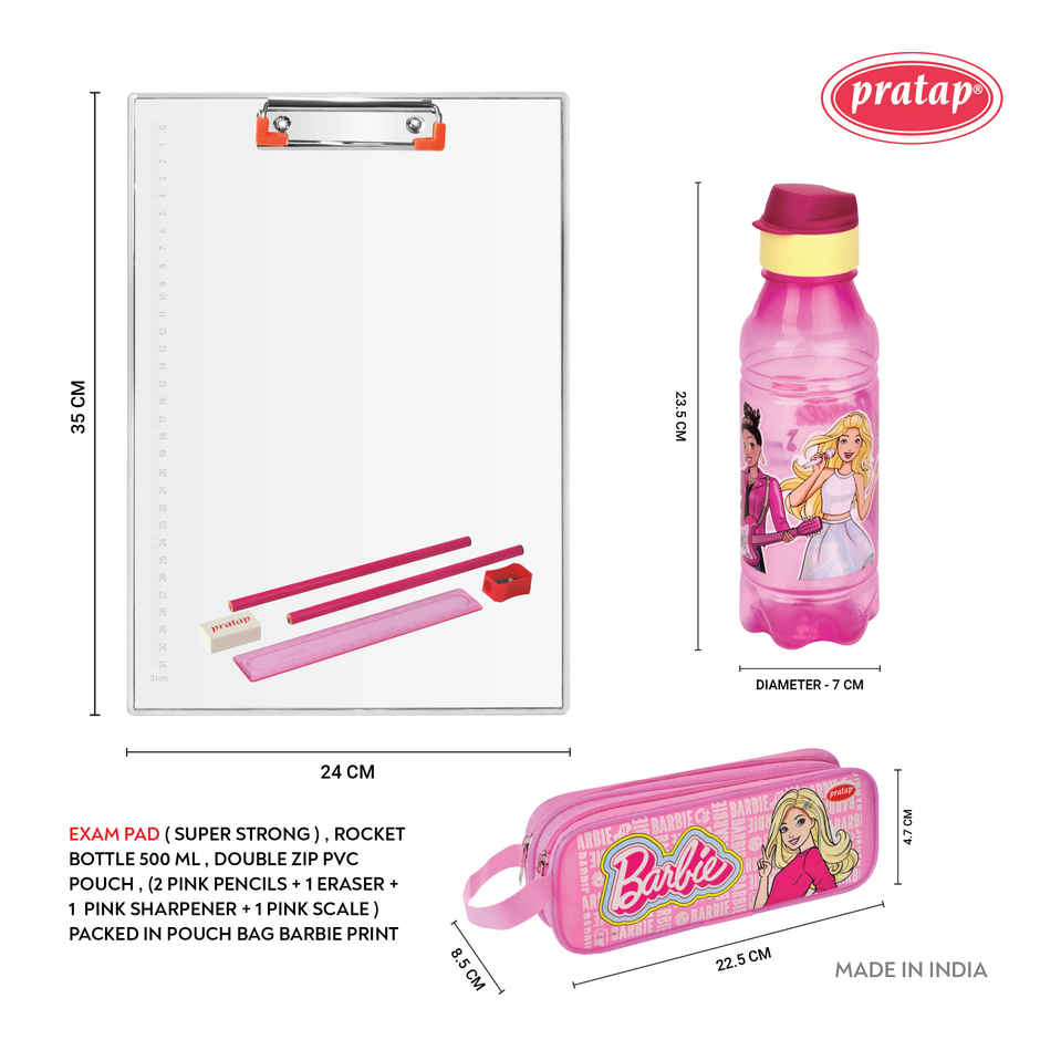 PRATAP Barbie Super Strong Exam Pad Set With 500Ml Bottle ,Stationery , Double Zip Pouch (Pink)