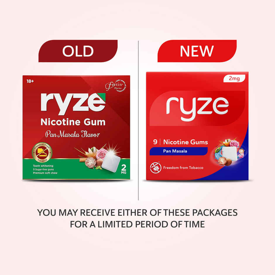 Ryze Paan Masala Nicotine Gum 2Mg | 9 Gum Blister (1pc) & Ryze Royal Paan Nicotine Gums 2Mg | 9 Gum Blister (1pc) & Ryze Frosty Mint Nicotine Gums 2Mg | 9 Gum Blister (1pc) & Ryze Nicotine Gums 2Mg (Fresh Fennel) Gums Single Pack - 9 Gum Blister (1pc) & Ryze Nrt 2Mg (Fruit Blast) Nicotine Gums Single Pack - 9 Gum Blister (1pc) Combo