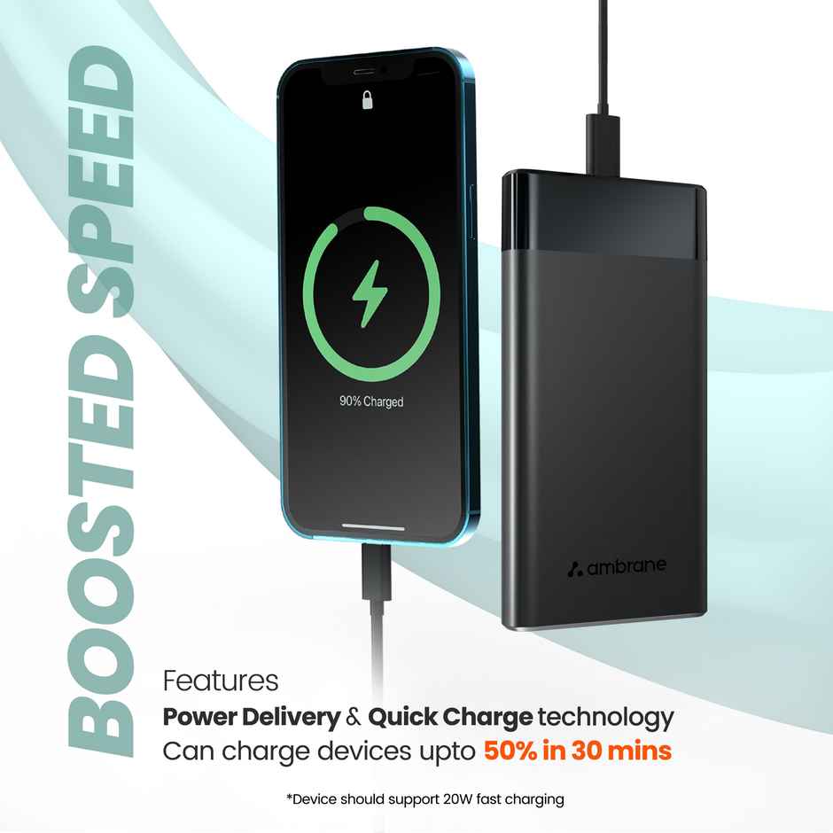 Ambrane 10000 mAh Slim Power Bank 20W Fast Charging Dual Output Type C Pd (Input & Output) Quick Charge Li-Polymer (Stylo 10K Black)
