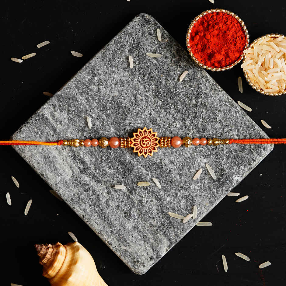 Red Yellow Om Designer Rakhi with Roli Chawal for Brother | Religious | Pack of 1 | Ecraftindia