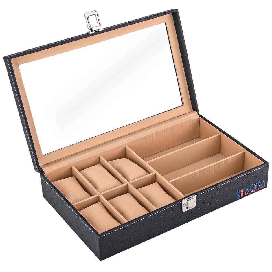 Kuber Industries Premium Faux Leather 6+3 Slots Organizer | Sunglasses Storage | Black & Golden