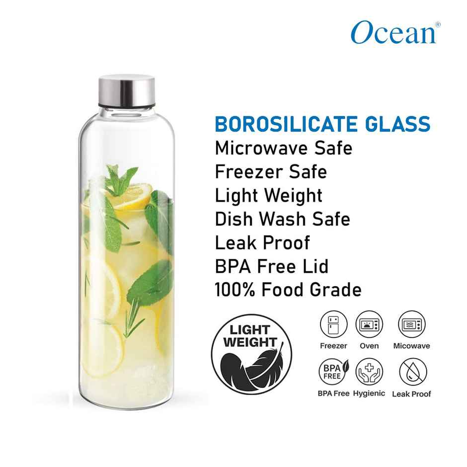 Ocean Borosilicate Lumi Bottle with Slim Lid | Clear | 1 L