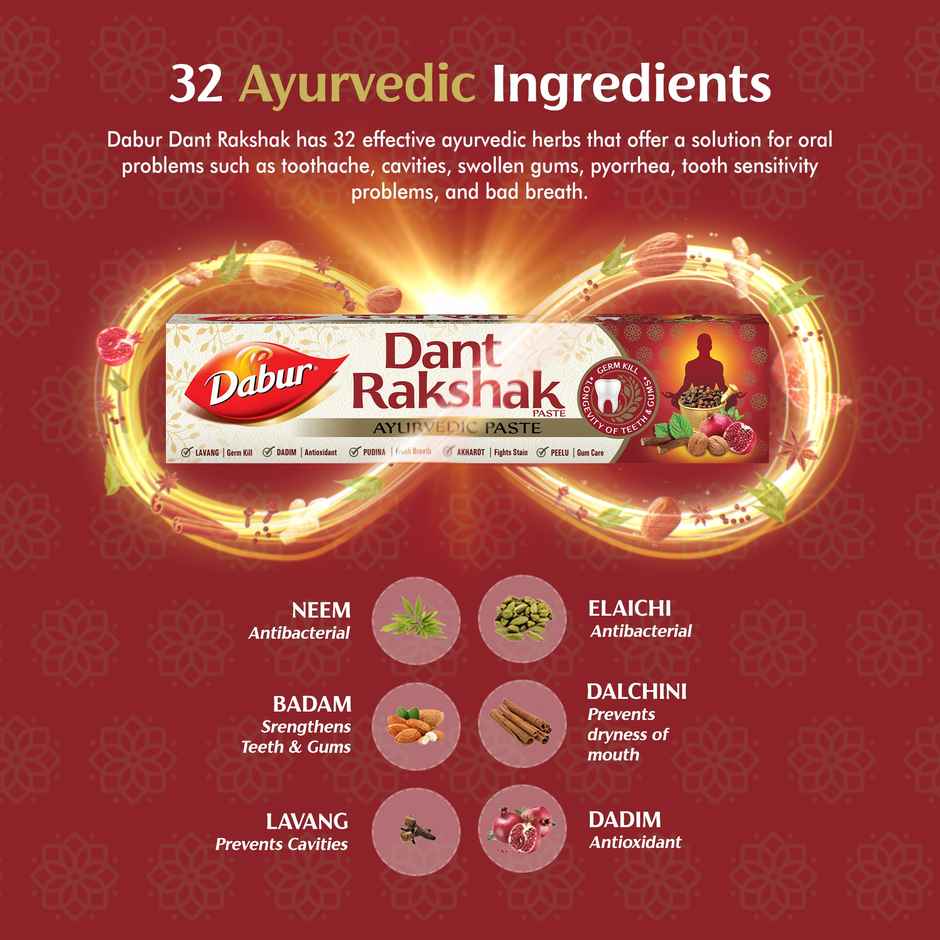 Dabur Dant Rakshak Toothpaste With Goodness Of 32 Ayurvedic Herbs For Your Teeth'S Long Life.