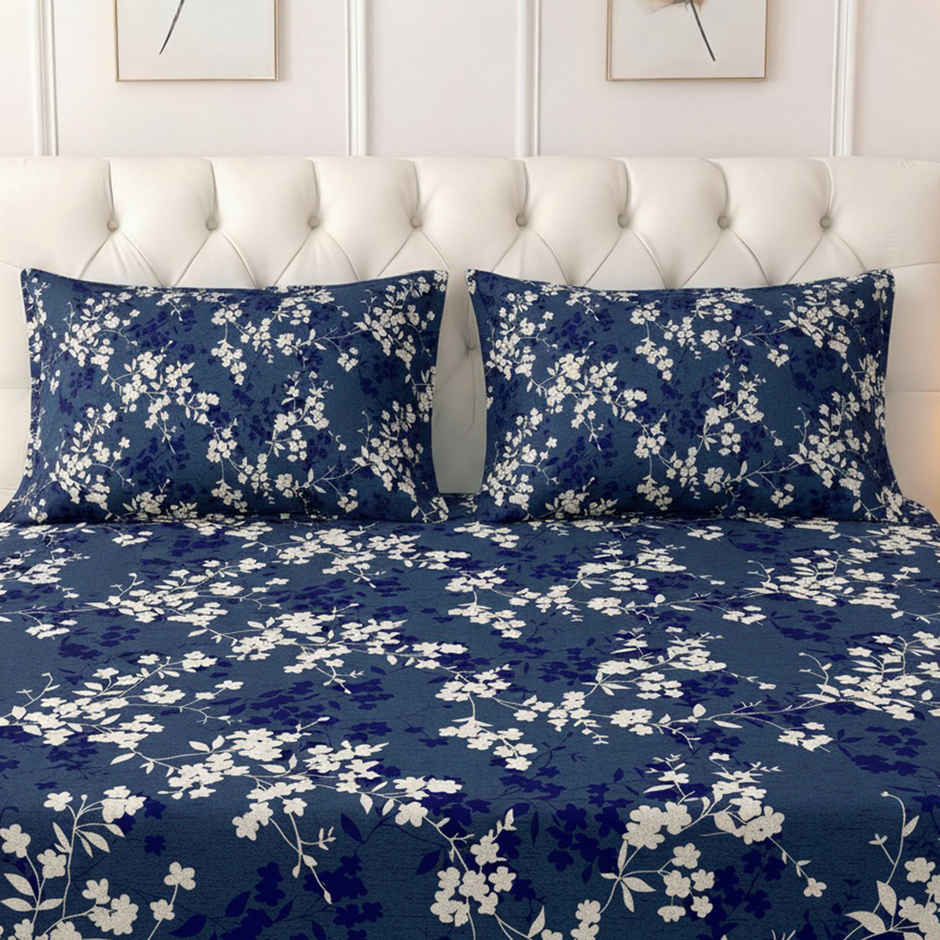 Raymond Home 120 GSM Hazel Floral Double Bedsheet with 2 Pillow Covers Blue