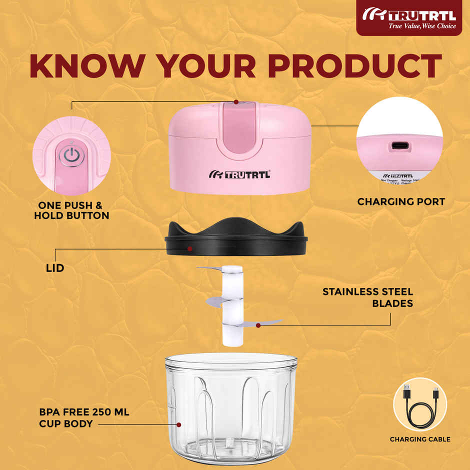 truTRTL Smart Electric Chopper | 1200 mAh Battery | Onion & Vegetable Cutter | Pink - 250 ml