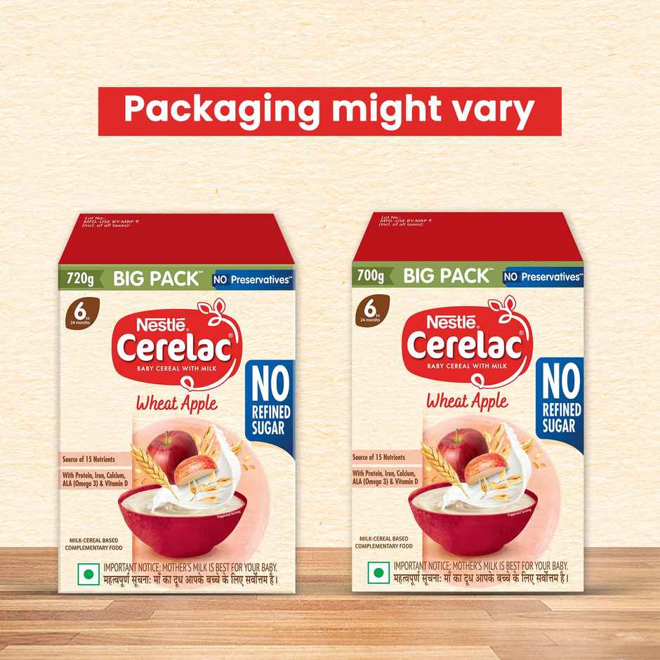 Nestle CERELAC Wheat Apple Baby Food Cereal, No Refined Sugar & No Preservatives, 6 to 24 Months, Big Pack