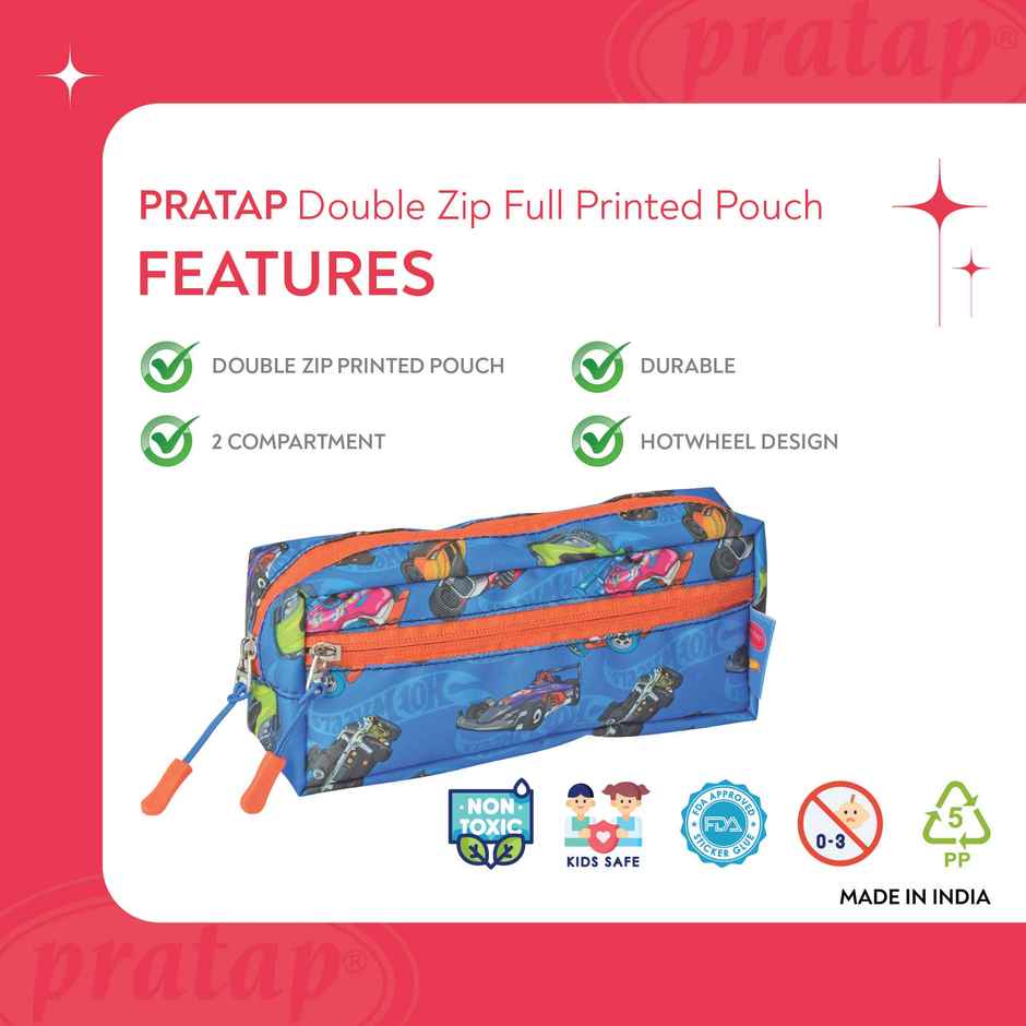 PRATAP Double Zip Cloth Full Printed Pouch | Blue, Hot Wheels