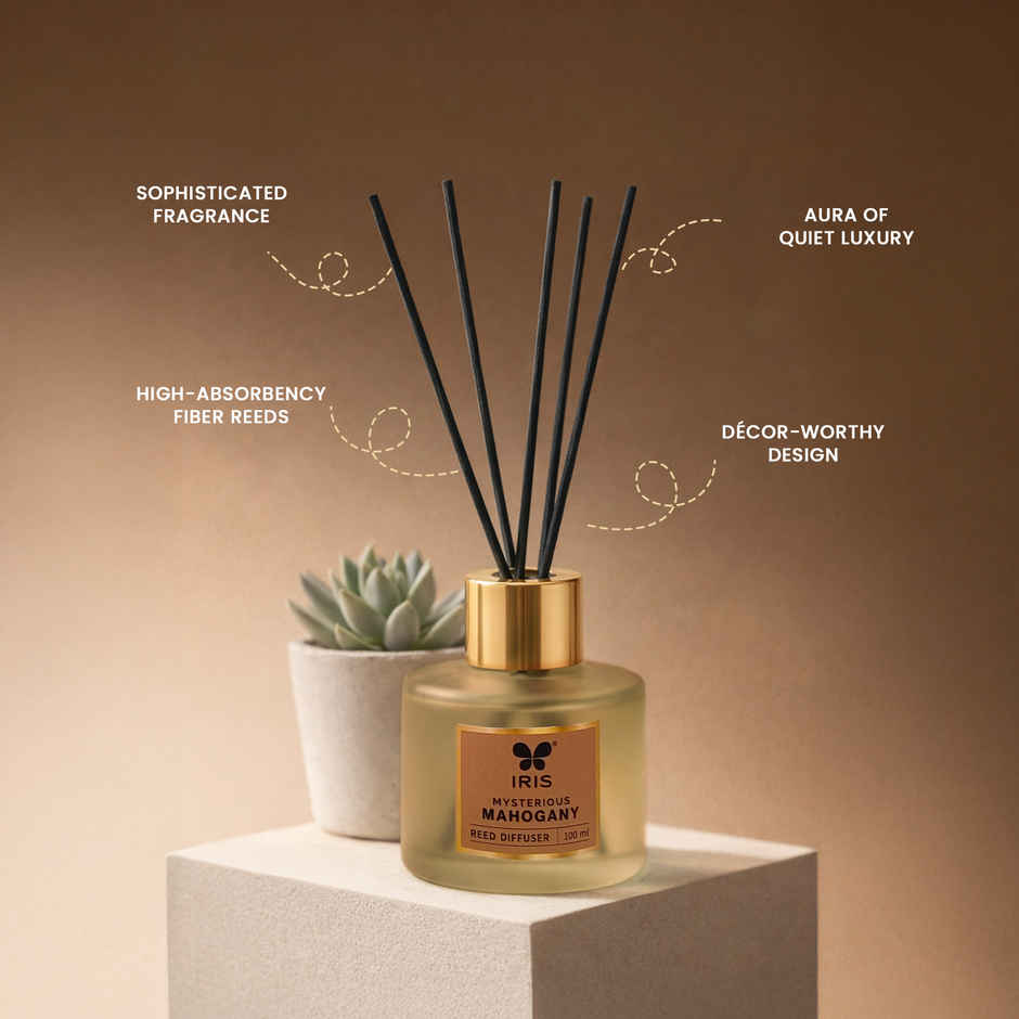 IRIS Mysterious Mahagony Frosted Glass Reed Diffuser Set | Oil and 5 Fibre Reed sticks