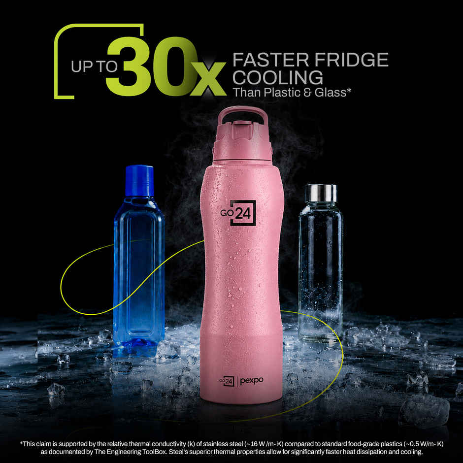 Go24 | Pexpo Stainless Steel Belly Water Bottle With Straw Lid Sipper Cap Easy Grip | Rose Gold | 1 L