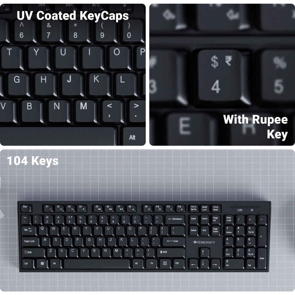 Zebronics Companion 304 Wireless Combo, 104 Keys, Key, 12 Multimedia Keys, 1600 DPI | Black