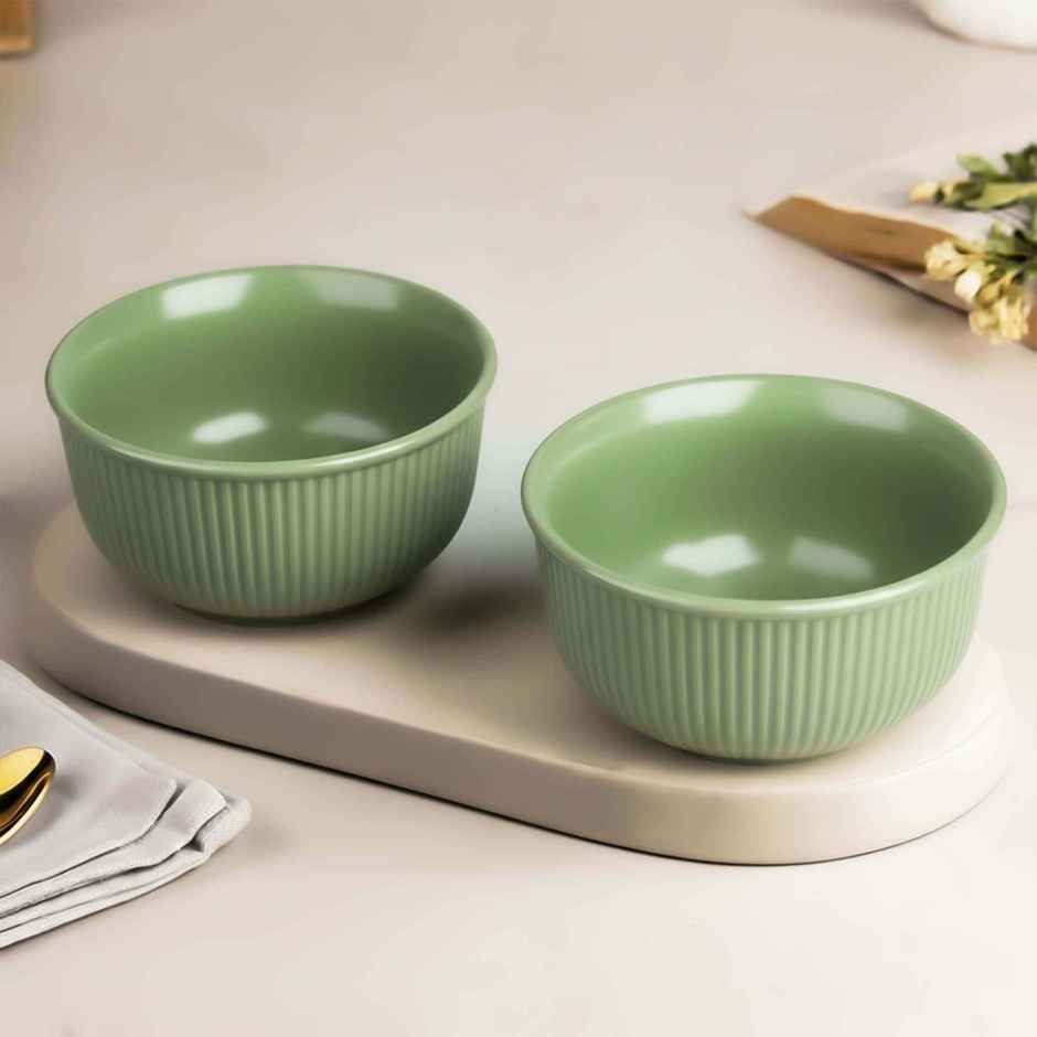 The Earth Store Green Fringe 2Pc Ceramic Bowl Gift Set, 500 ml Each Microwave Safe, Snack Serving