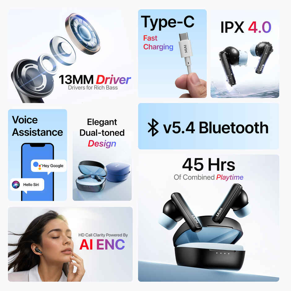 Mivi DuoPods Maxx TWS, 13mm Bass, 50H Playtime, AI ENC Calls, Gaming Mode, BT 5.3, Type C