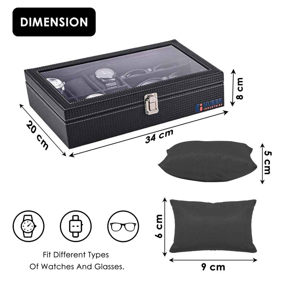 Kuber Industries Premium Faux Leather 6+3 Slots Watch Organizer | Sunglasses& Watch Storage | Black