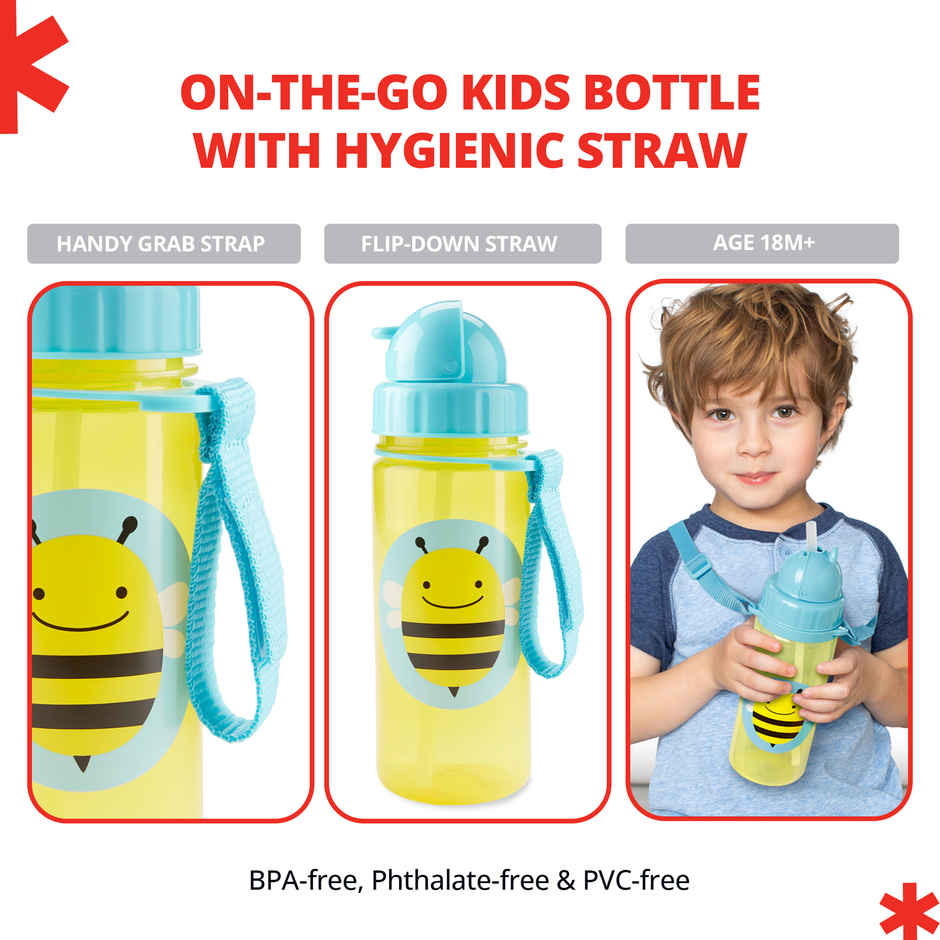 Skip Hop Zoo Kids Bottle, Flip-Top Straw, Leak-Proof, Toddler Sipper Cup, For Babies 12 M+, 385 ML