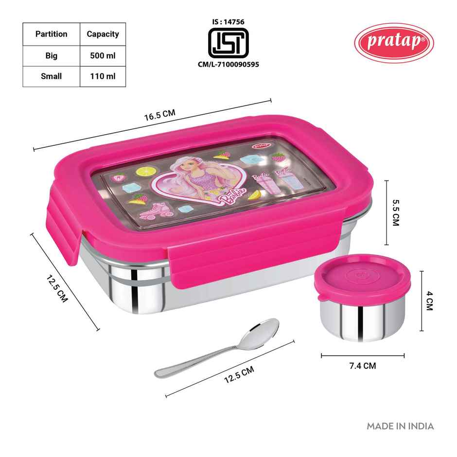 Fresh Meal Kids Stainless Steel Lunch Box Barbie Design | Pink - 500 ml 110 ml | PRATAP