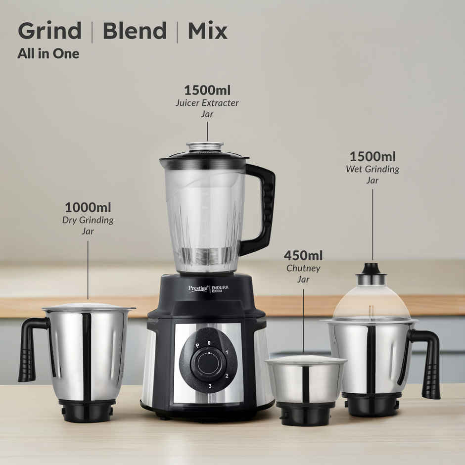 Prestige Endura 1000 Watts Mixer Grinder, Heavy-Duty Ball Bearing Copper Motor, 3 SS+1 Juicer, Black