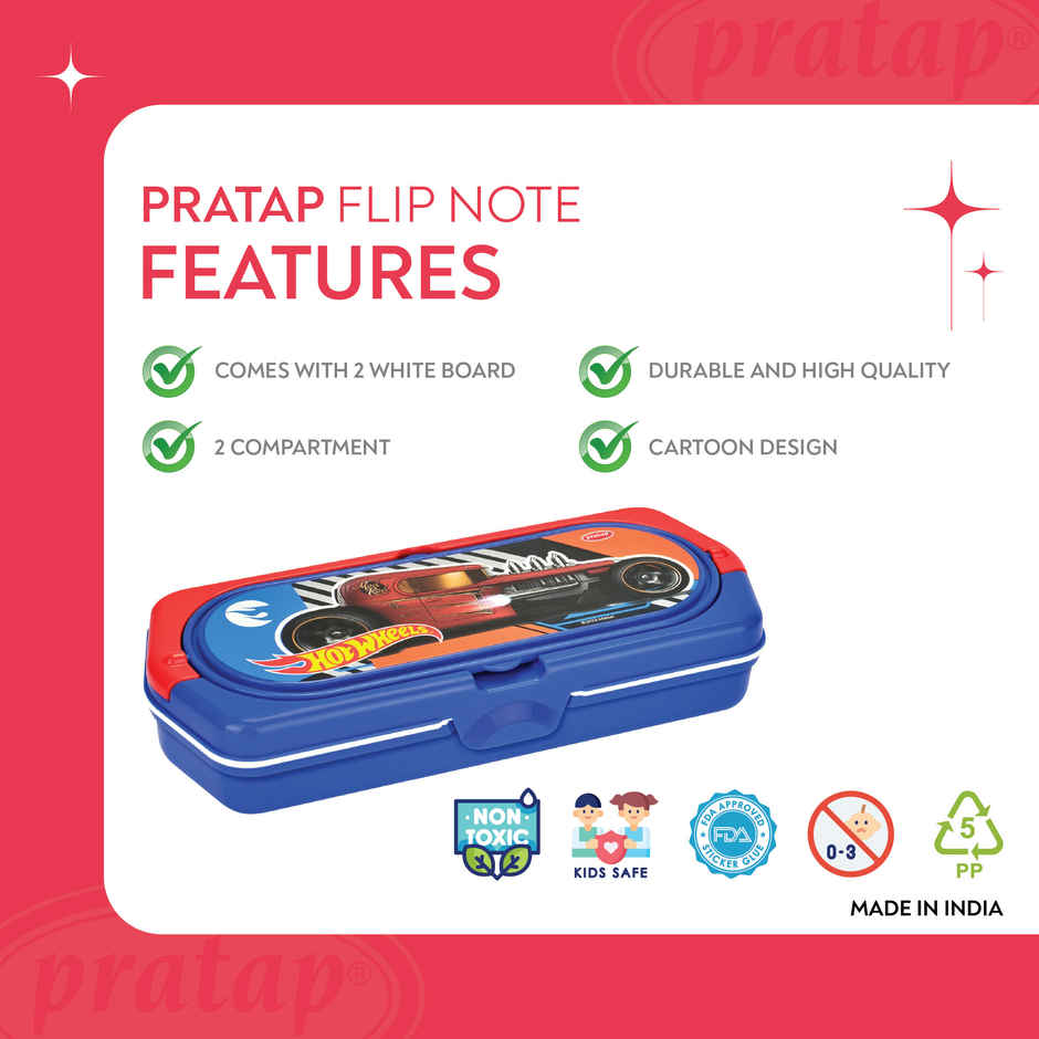 PRATAP Flip Note Pencil Box with Dual White Board | Marker, Pencil, Scale | Blue | Hot Wheels